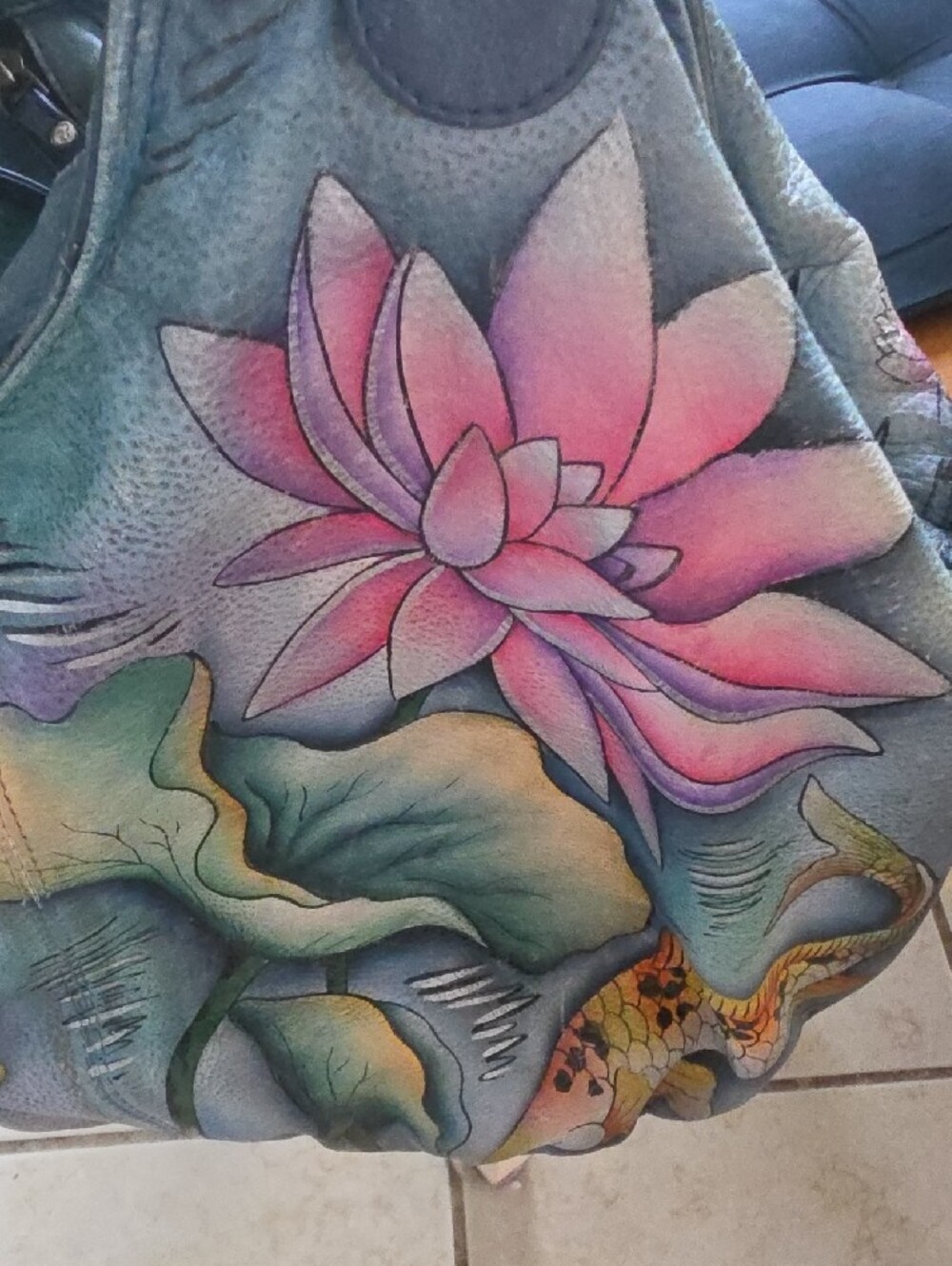 Hand-Painted Blue Floral Lotus Shoulder Bag.KOI FISH - Picture 2 of 13